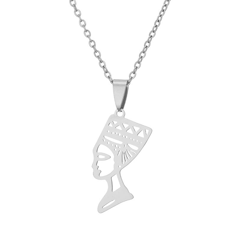 Collana con pendente Nefertiti, regina d'Egitto, alla moda, geometrica, in acciaio al titanio placcato, da donna con catena a maglie ovali