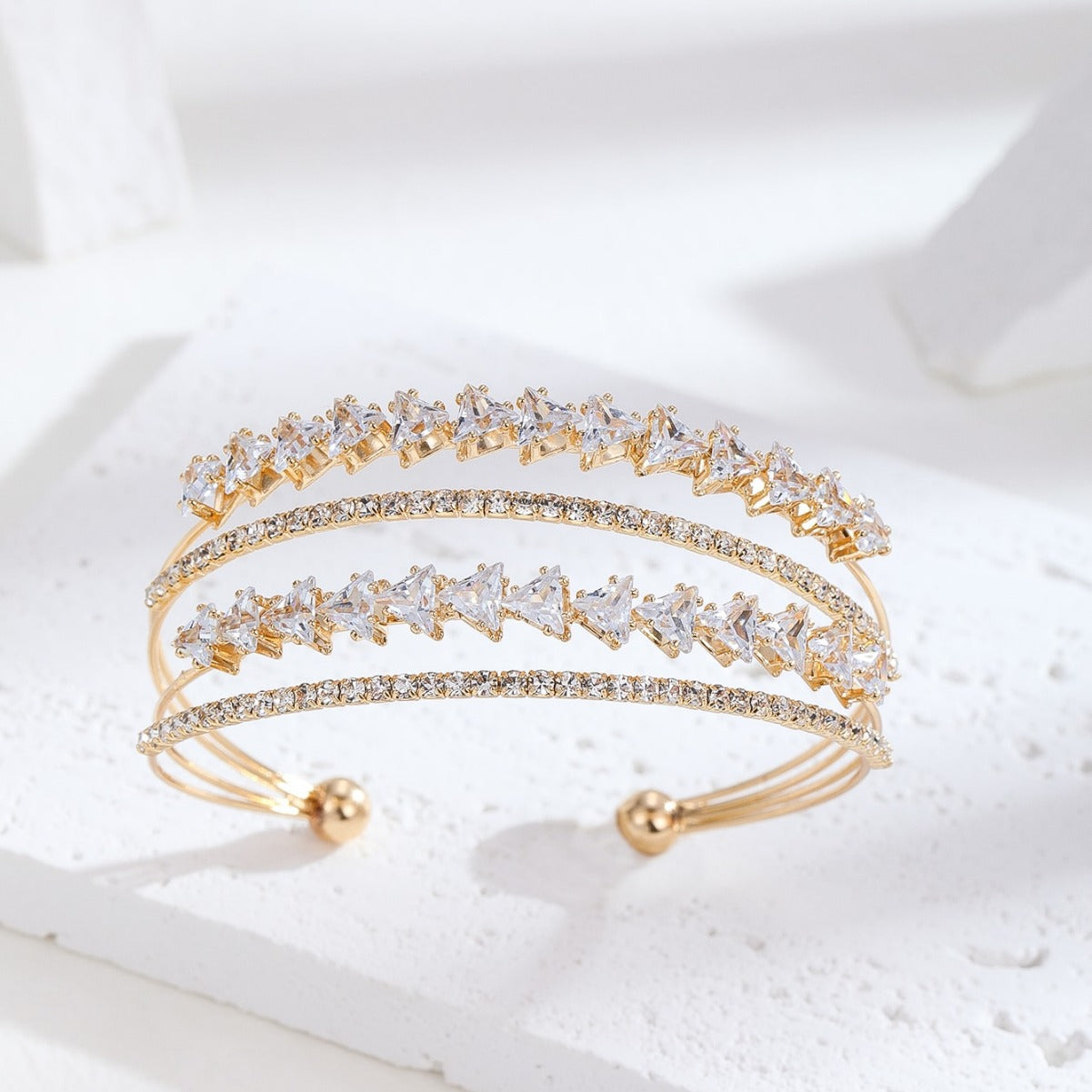 Minimalist Geometric Open Adjustable Bracelet for Women Made of Brass with Zircon Inlay