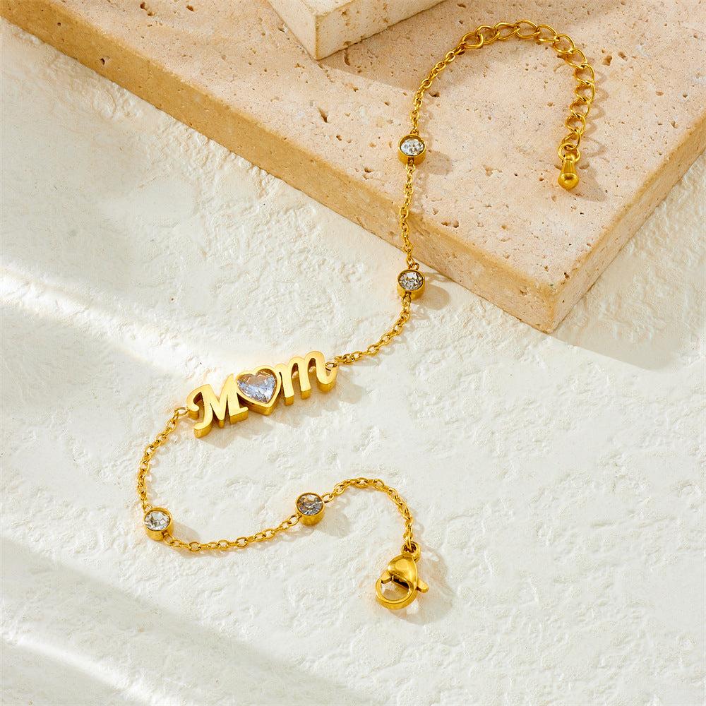Minimalist Elegant Gold Plated Rhinestone Heart Letter MOM Bracelet for Women