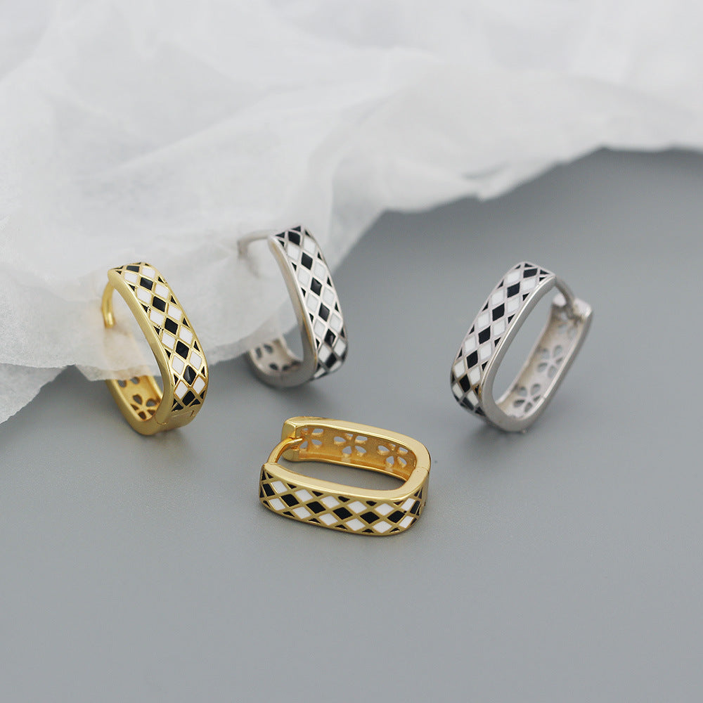 Sweet 925 Sterling Silver Geometric Checkered Drip Oil U-Shaped Hoop Earrings