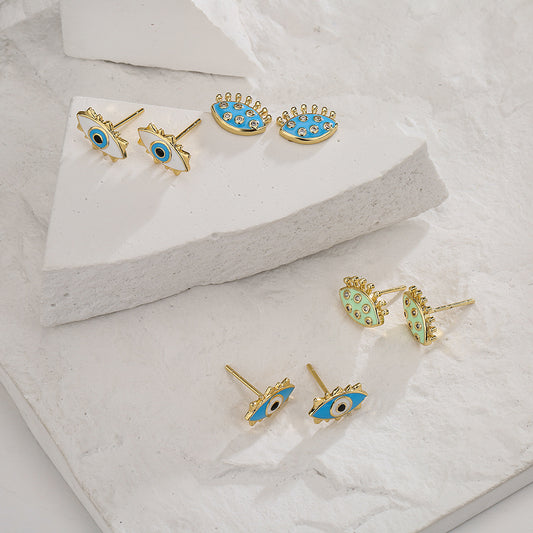 Vintage Geometric Eye Stud Earrings for Women Made of Copper with 18K Gold Plating and Enamel-Zirconia Accents