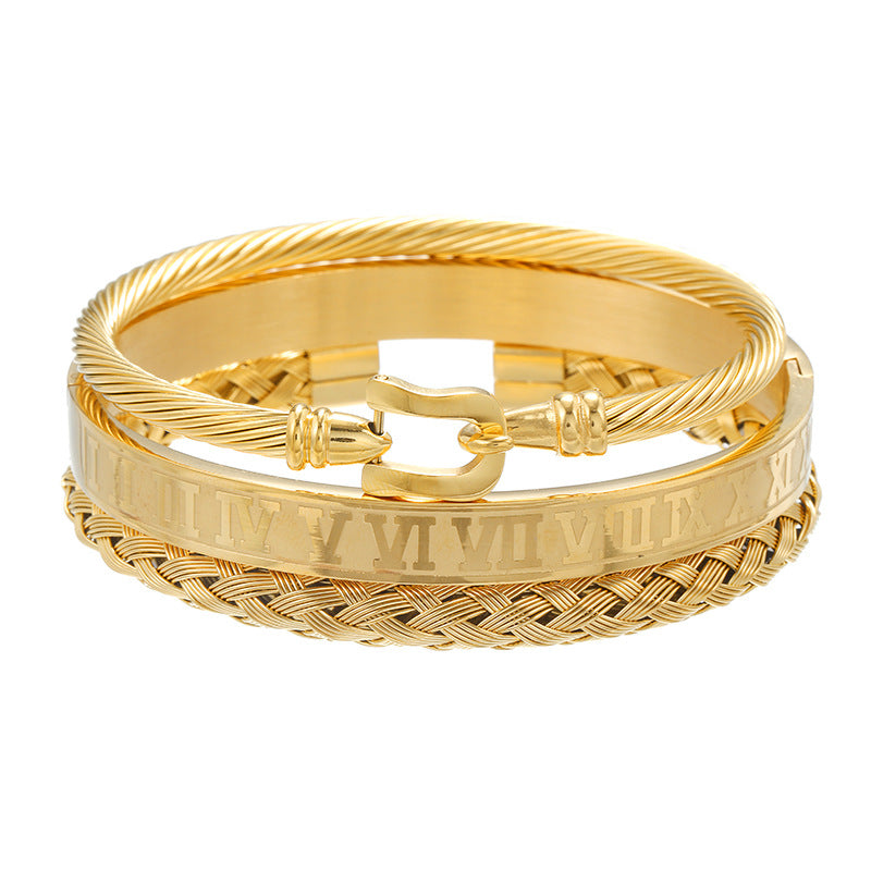 Vintage Men's Roman Numeral Geometric Cylinder Square Woven Titanium Steel Stainless Steel Bracelet Set