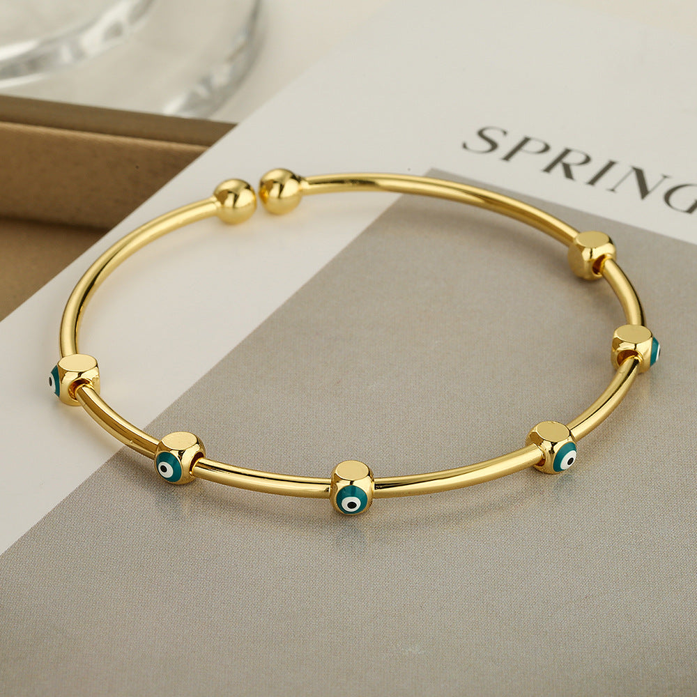 Gold Plated Brass Drip Oil Evil Eye Adjustable Cuff Bracelet for Women