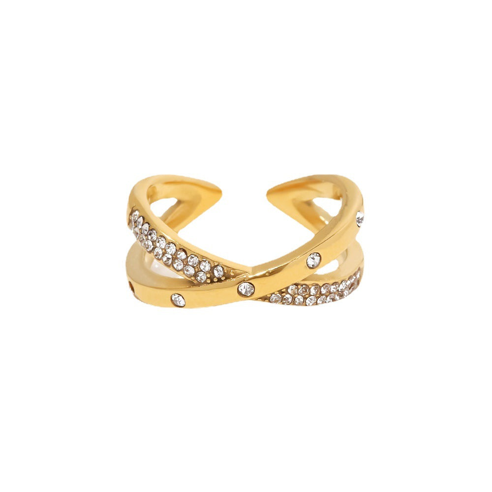 Minimalist French-Inspired Geometric Stainless Steel Ring with 18K Gold Plating, White Rhinestone Inlay, and Adjustable Open Band for Women