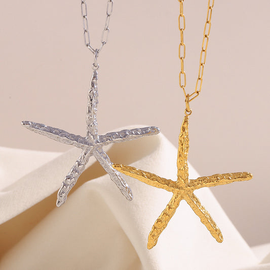 Fashionable Starfish Pendant Necklace in Stainless Steel with 18K Gold Plating and Hammered Texture for Women
