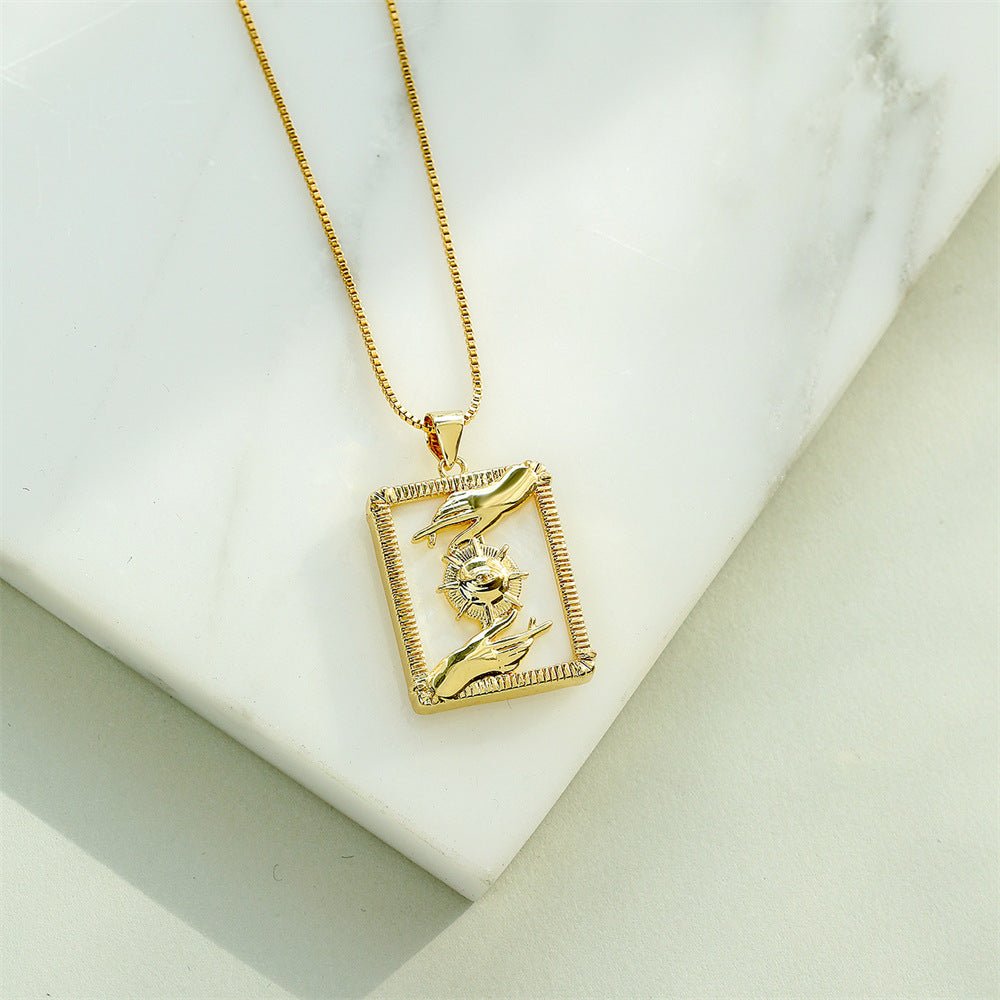 Geometric Natural Shell Pendant Necklace for Women with Copper Base Plated in 18K Gold and Zircon Inlay