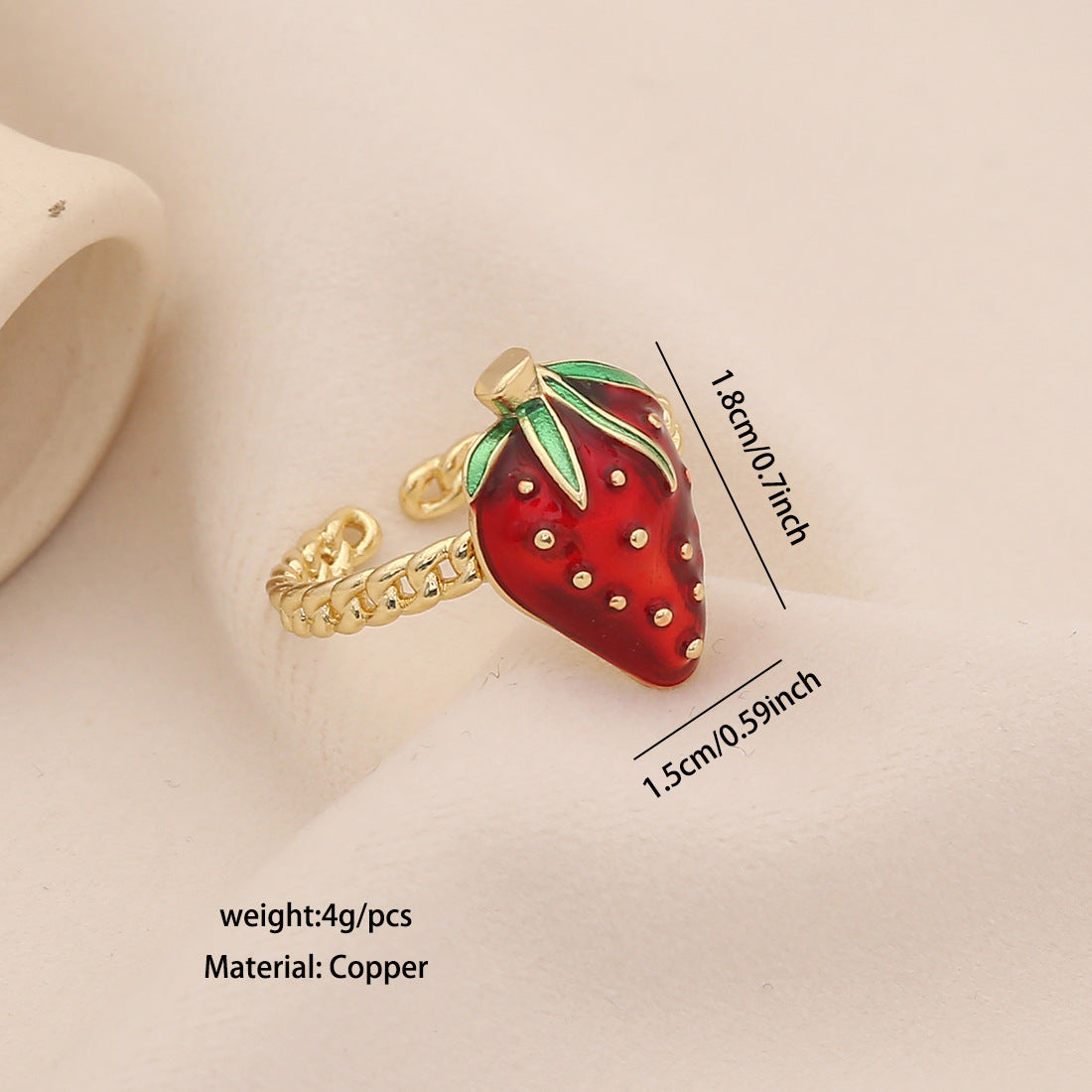 Simpatico Anello a Forma di Fragola in Rame con Finitura Smaltata da Donna, Gioielli alla Moda Regolabili a Tema Frutta