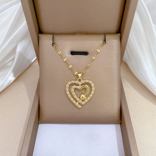 Minimalist Three-Layer Heart-Shaped Stainless Steel Necklace with Rhinestone Inlay for Women and Men