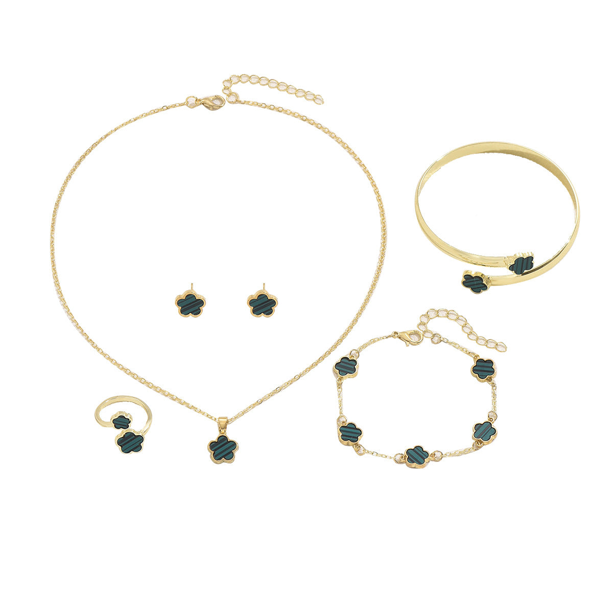 Set di collana e orecchini in lega con design a petalo di trifoglio minimalista e finitura smaltata da donna