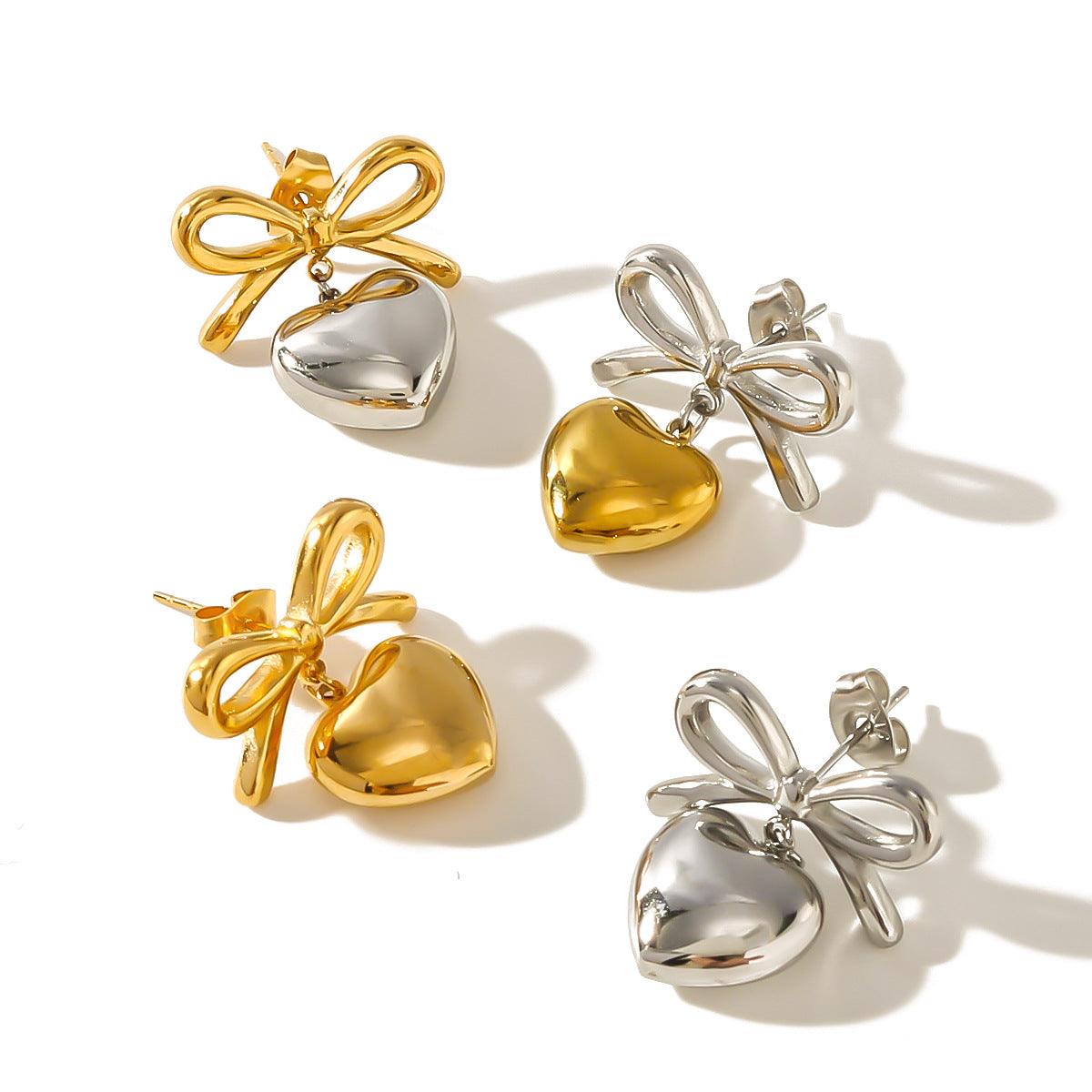 Minimalist Heart and Bow-Shaped Titanium Steel Earrings with 18K Gold Plating for Women