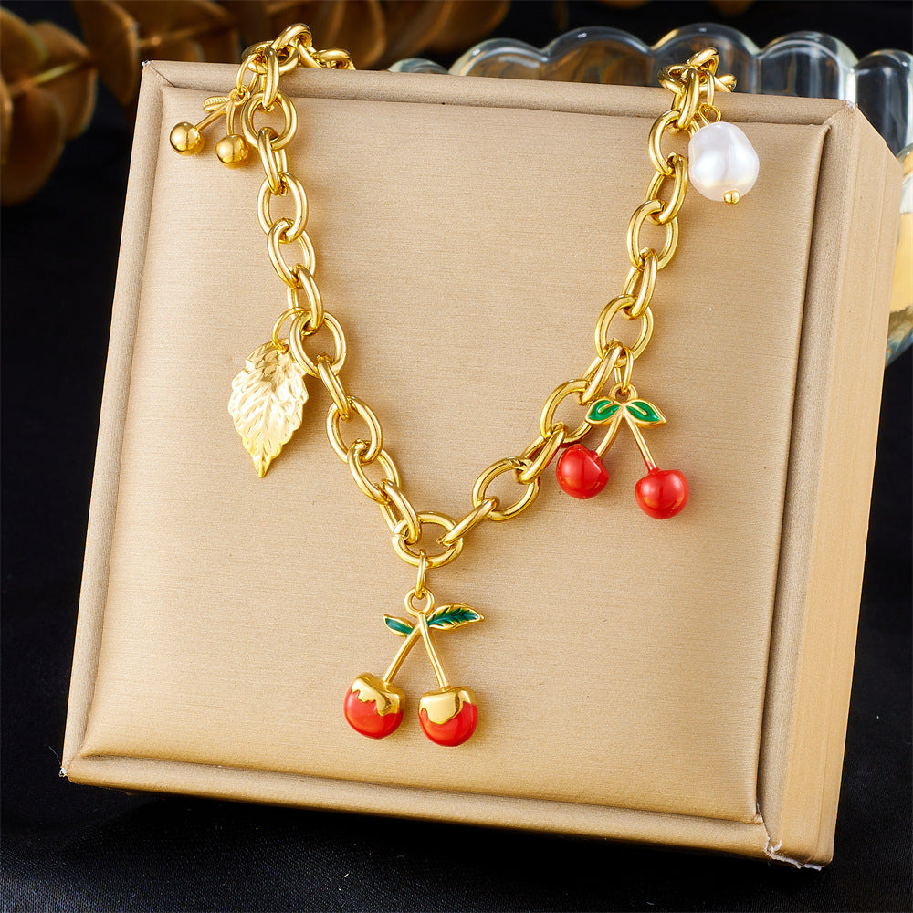Minimalist Fruit-Shaped Stainless Steel Pendant Necklace with Enamel Finish and O-Chain for Women