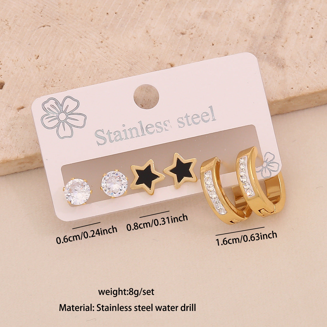 Orecchini a perno da donna alla moda a forma di cuore e goccia in acciaio inossidabile con intarsio di strass