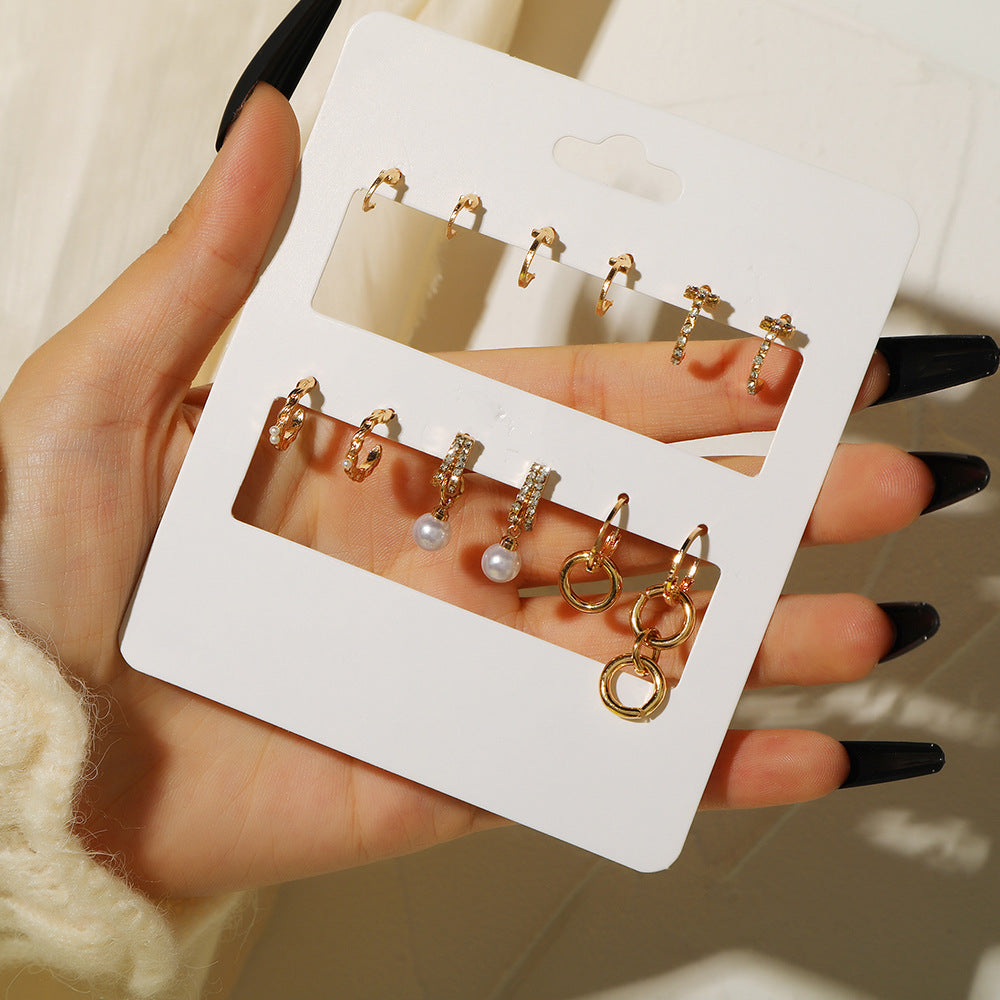 Vintage Geometric Heart Square Alloy Earring Set with Pearl and Rhinestone Tassel C-Hoop