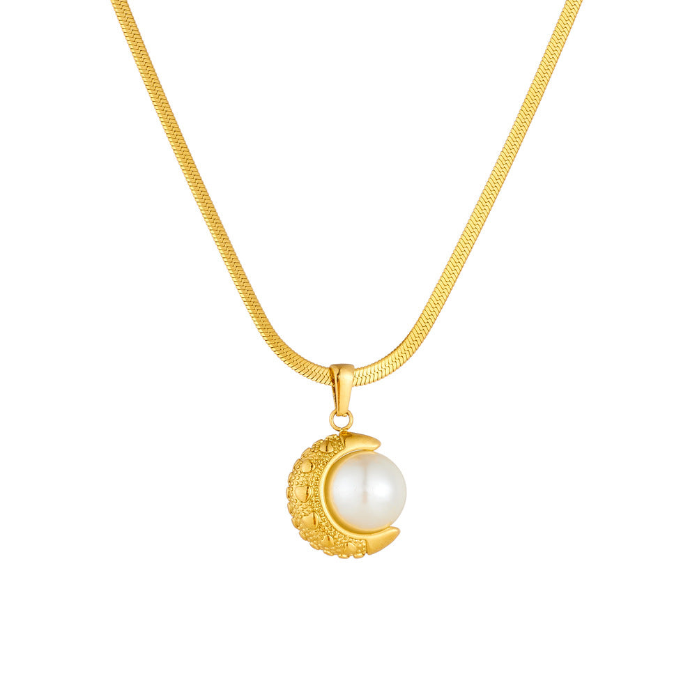 Vintage Elegant Gold Plated Moon Stainless Steel Pearl Pendant Blade Chain Necklace for Women
