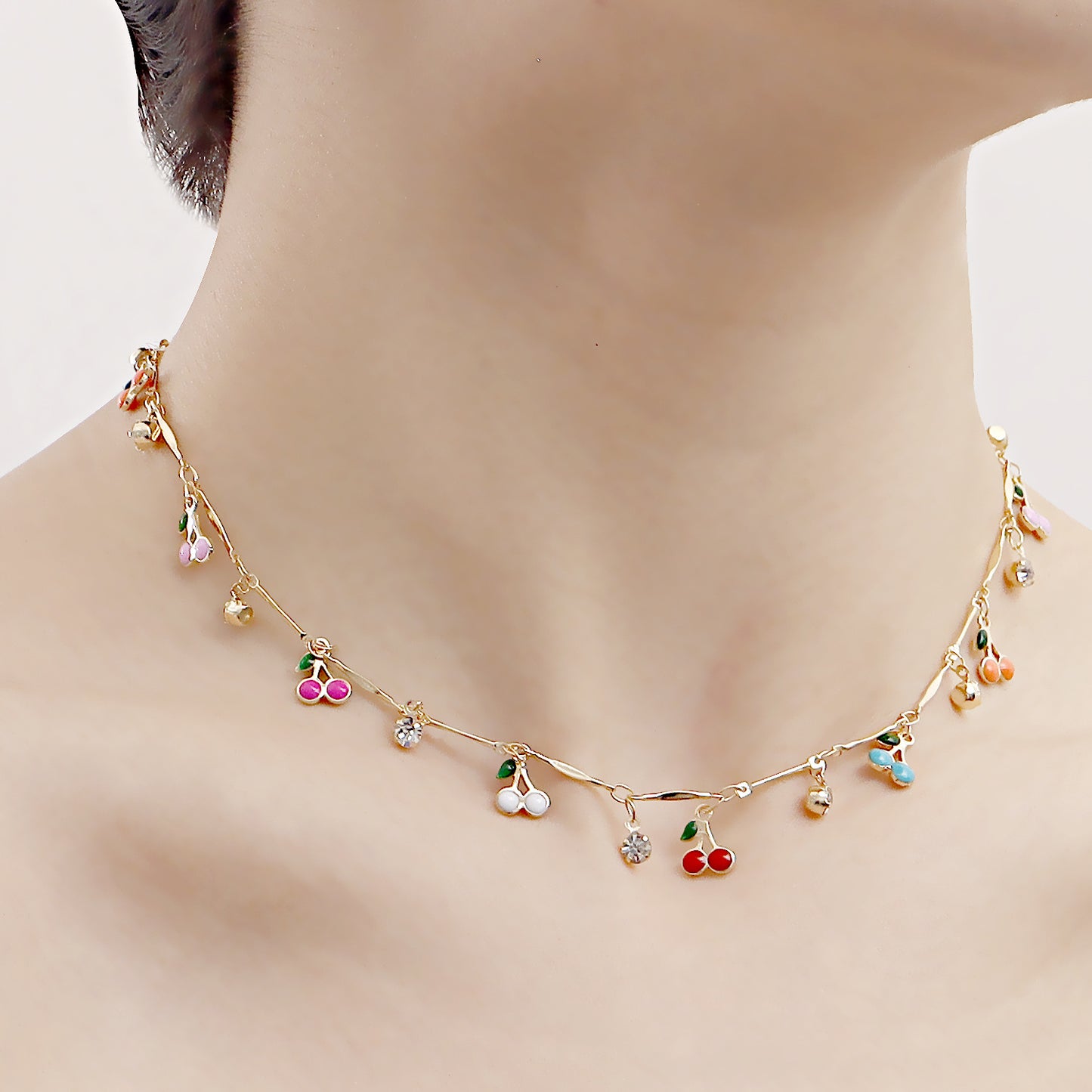 Colorful Enamel Cherry Zircon Pendant Necklace for Women with Geometric Design in Alloy with Plating Finish