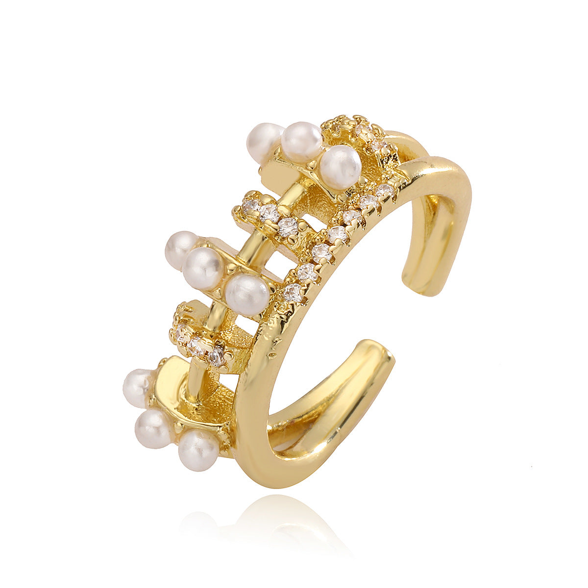 Anello Aperto Geometrico Minimalista da Donna in Rame con Placcatura in Oro Vero e Intarsi di Zirconi
