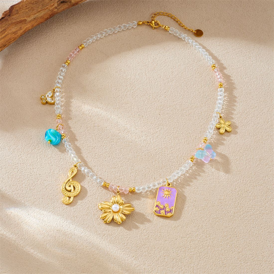 Vintage Luxury Geometric Floral Butterfly Drip Oil Stainless Steel Ball Chain Necklace with Music Note Beads for Women