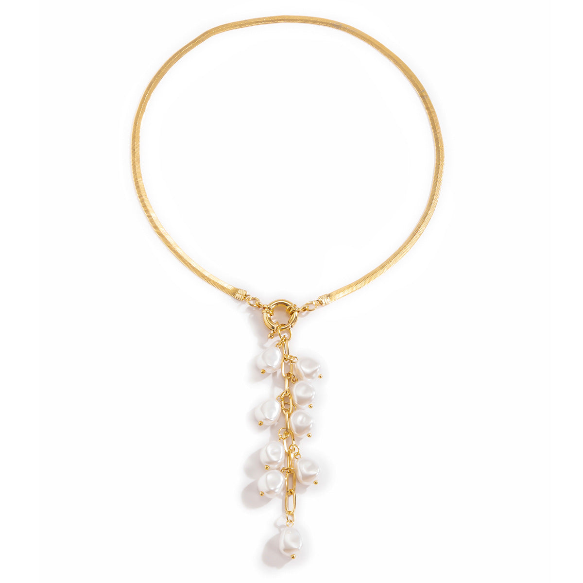 Collana pendente geometrica vintage da donna con perla finta a goccia e nappine su catena a serpente con finitura in metallo galvanizzato