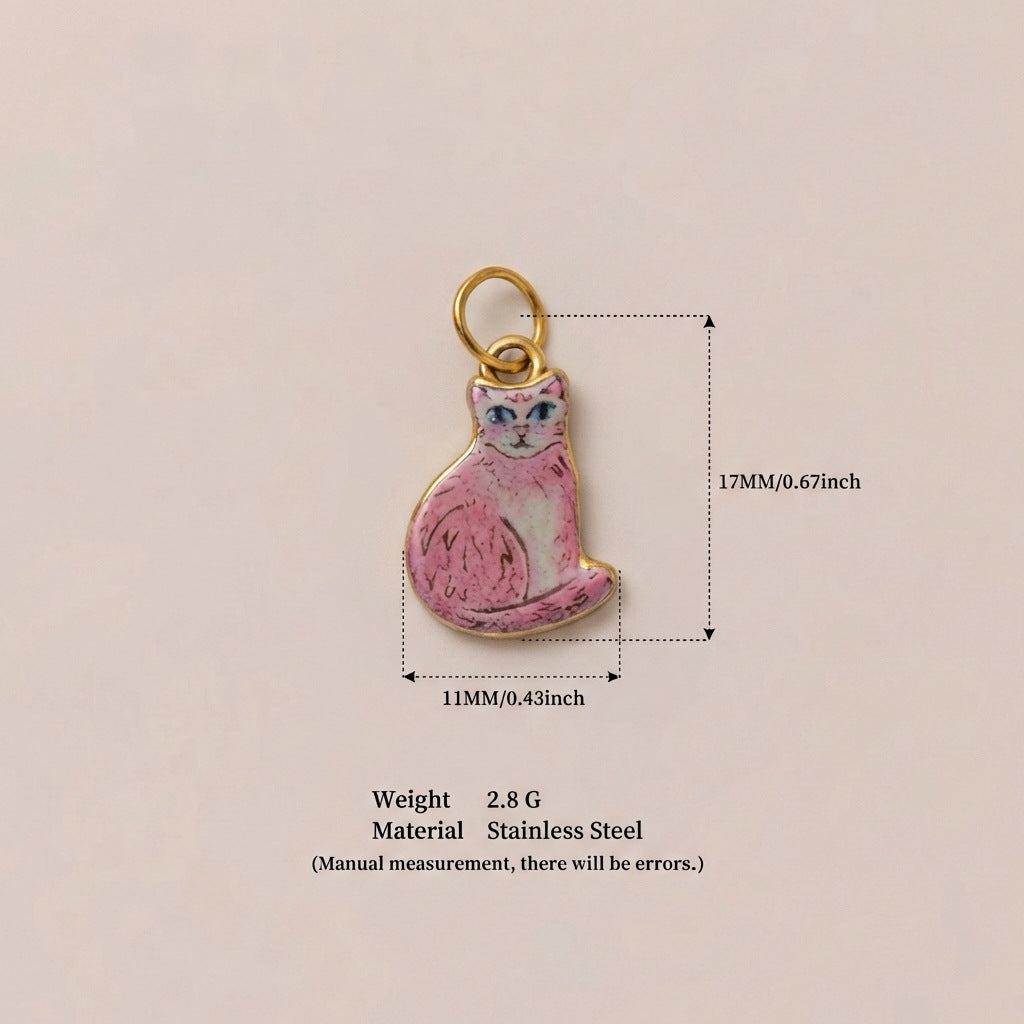 Cute Cat Ceramic Drip Oil Plated Stainless Steel Charm Bar Pendant