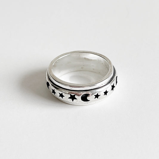 Anillo giratorio de plata de ley 925 con diseño geométrico de estrella y luna