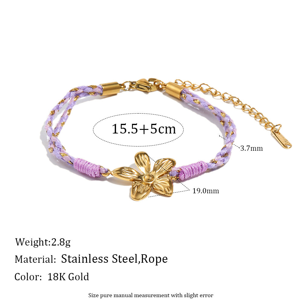 Minimalist Geometric Seashell and Floral Bracelet for Women with Stainless Steel 18K Gold Plated Accents and Cotton Cord