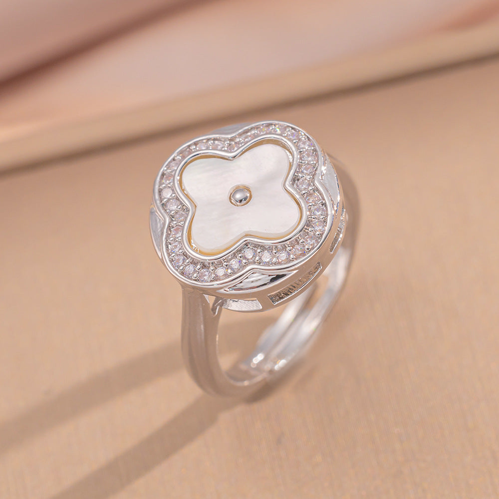 Luxury Minimalist Adjustable Open Ring for Women with Gold-Plated Copper Band and Zircon Stone Accent in Heart and Floral Shape