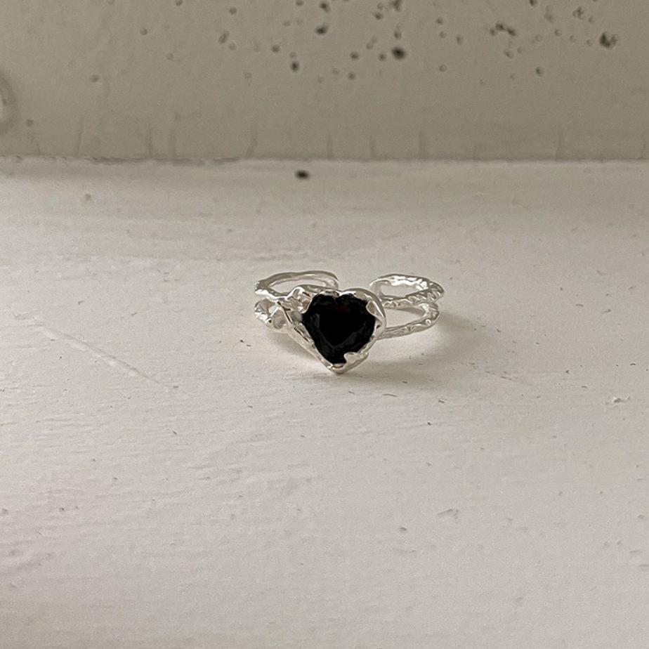Anello aperto in argento sterling S925, dolce, minimalista, a forma di cuore irregolare con zirconi incastonati