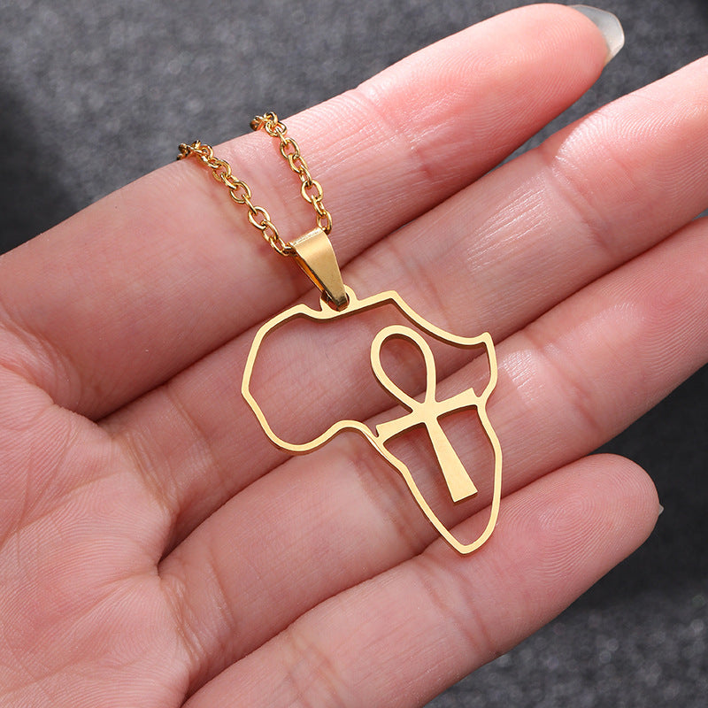 Collana con ciondolo a croce geometrico a mappa africana in acciaio inossidabile con ciondolo in acciaio al titanio e finitura galvanizzata