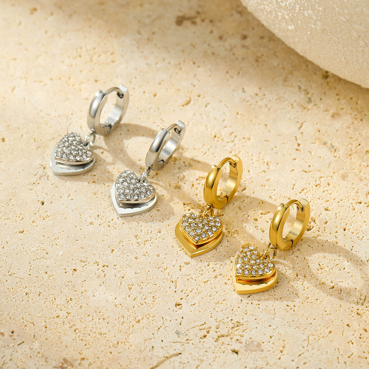 Fashionable Heart-Shaped Stainless Steel Earrings with Micro-Paved Zirconia for Women