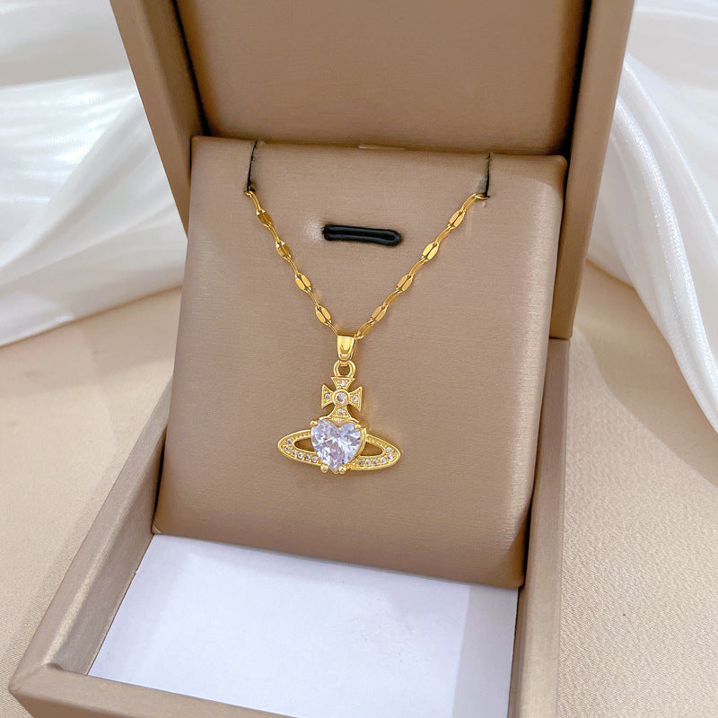 Collana con ciondolo a luna e cuore geometrico minimalista in acciaio al titanio con strass completi per uomo e donna
