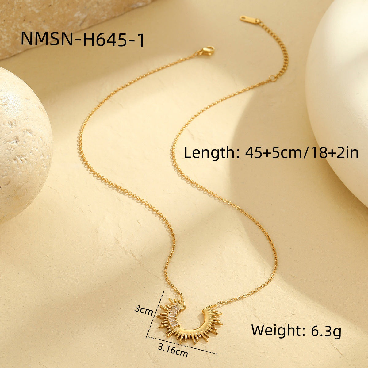 Collana con ciondolo a girasole geometrico alla moda in acciaio inossidabile con placcatura in oro 18 carati e zirconia bianca rettangolare da donna