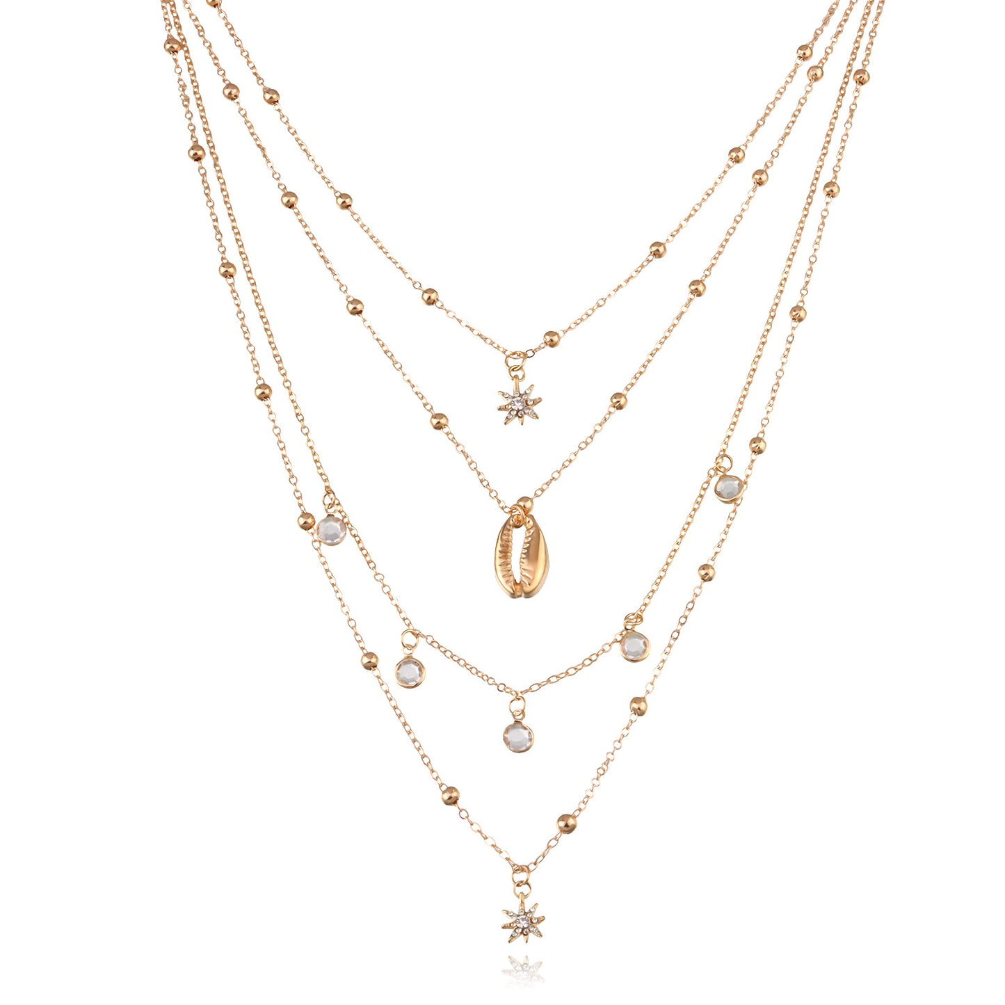 Retro Hip-Hop Multi-Layer Star of David Pendant Necklace for Women with Rhinestone Inlay and Alloy Base in Polished Gold-Plated Finish