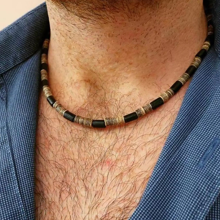 Bohemian Minimalist Geometric Wood and Turquoise Pendant Stainless Steel Ball Chain Necklace for Men and Women