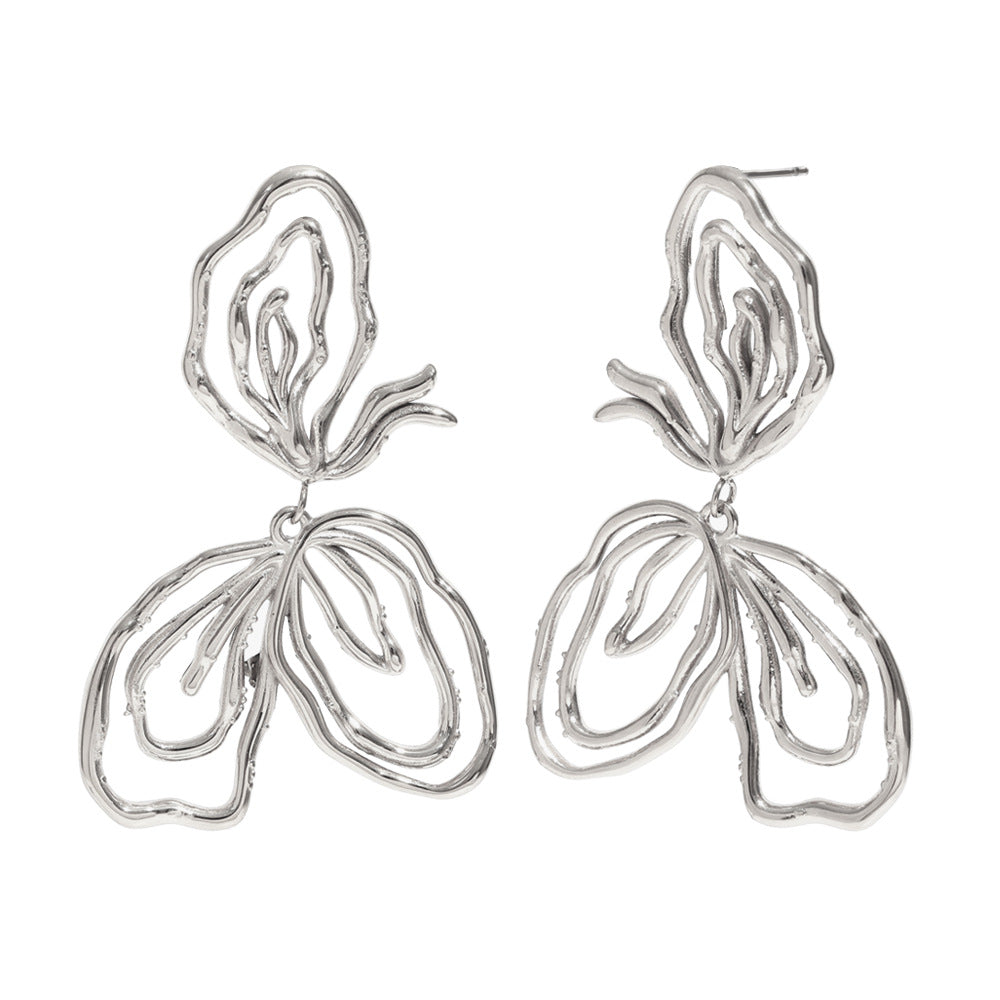 Fashionable OL Style Floral Shape Stainless Steel Plated 18K Gold Cherry and Double Ring Hoop Stud Earrings for Women