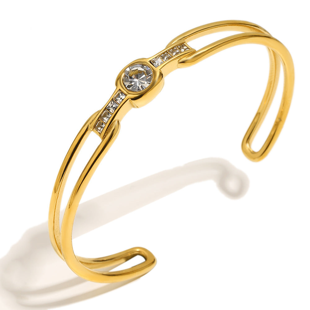 Bracciale a schiava a doppio strato geometrico con zirconi cubici rotondi in acciaio inossidabile placcato oro 18 carati, elegante e minimalista