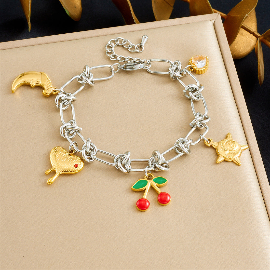 Sweet Gold Plated Drip Oil Square Star Heart Cherry Bear Stainless Steel Bracelet