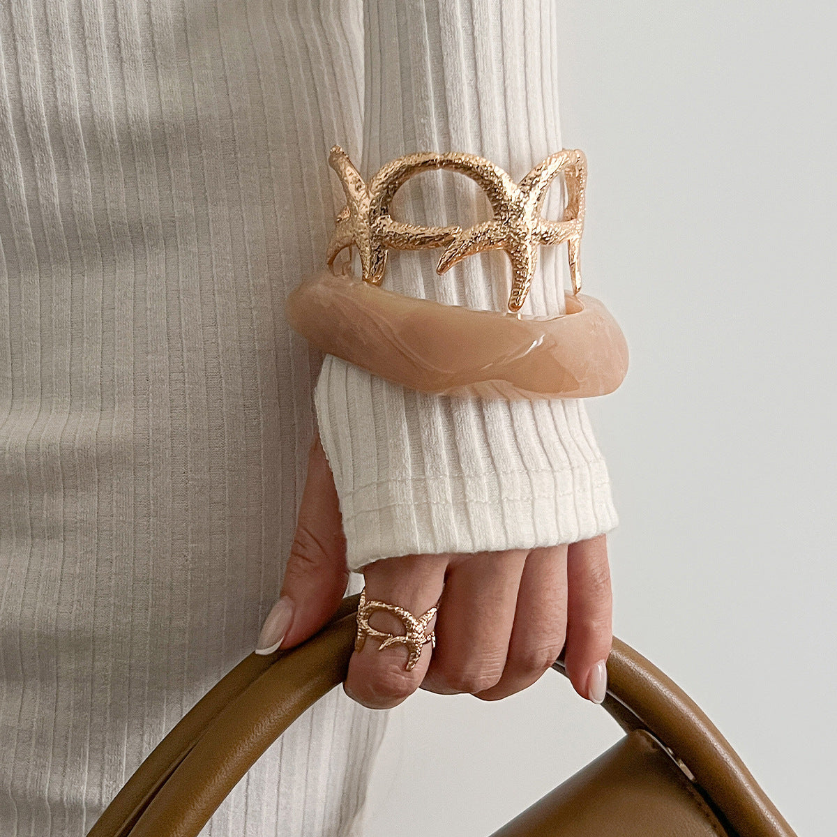 Elegant Geometric Irregular Starfish Plated Iron Open Cuff Bracelet Set for Women