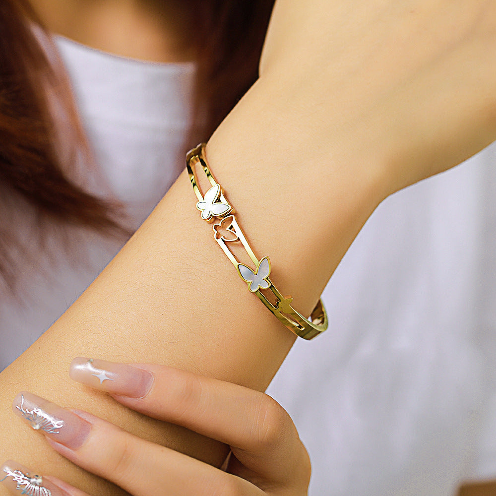 Vintage Stainless Steel Butterfly Round Plated Cuff Bracelet