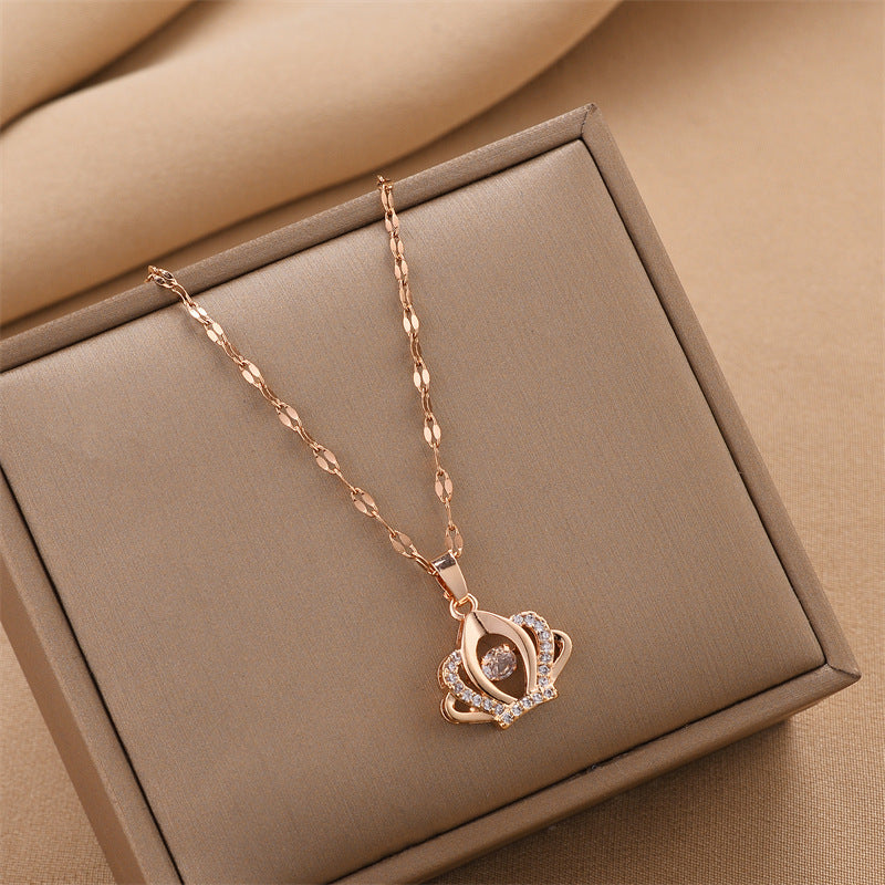 Elegant Crown-Shaped Pulsating Heart Pendant Necklace for Women in Titanium Steel with Plated Finish, Minimalist Locket Chain Design