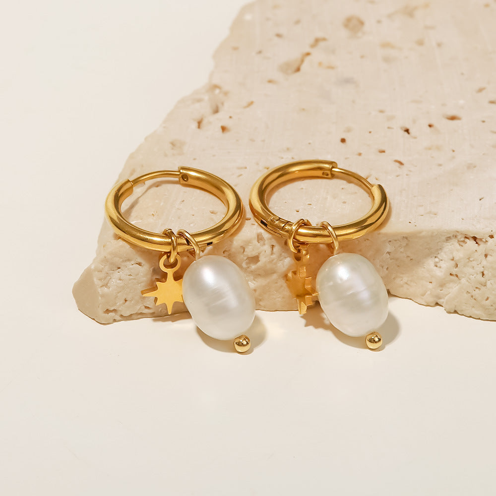 Fashionable Ins Style 18K Gold Plated Stainless Steel Star Pearl Drop Earrings for Women