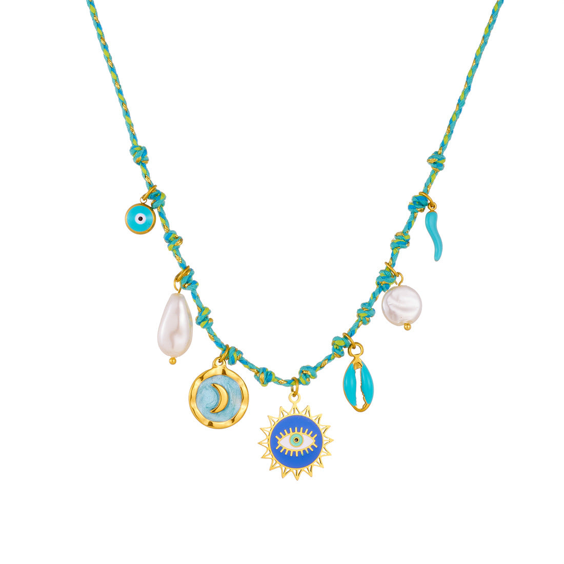 Luxury Casual Moon Drip Oil Stainless Steel Shell Sun Eye Pendant Necklace for Women