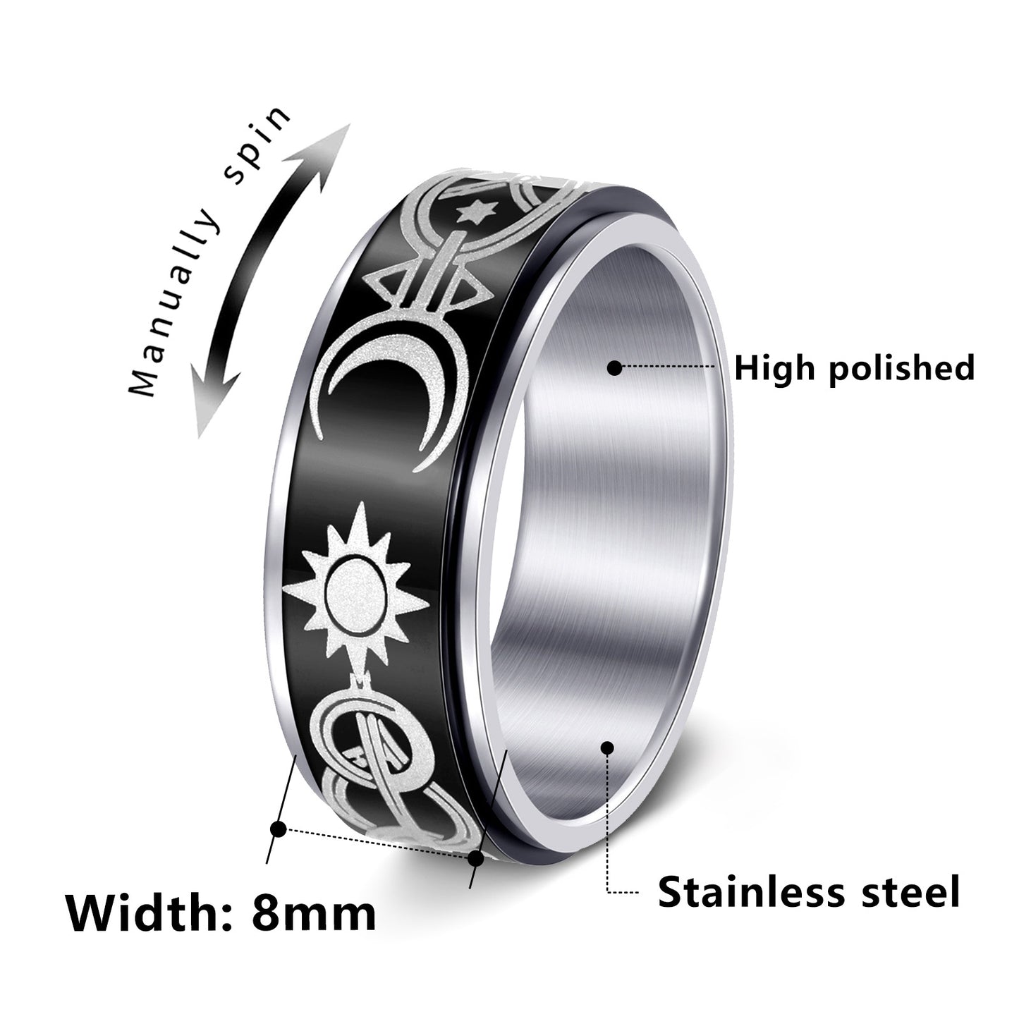 Anello girevole in acciaio inossidabile Luna e Stella unisex con spinner