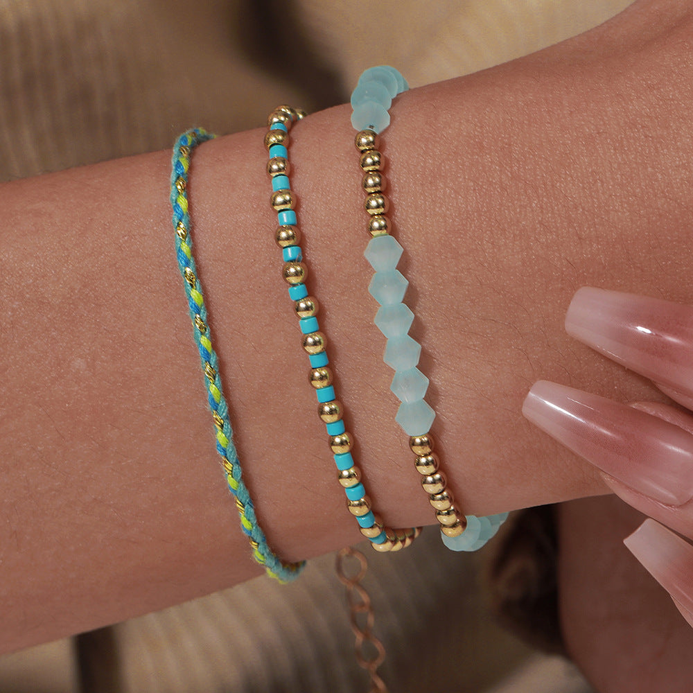 Bohemian Geometric Round Heart Handmade Alloy Glass Beaded Bracelet Set for Women
