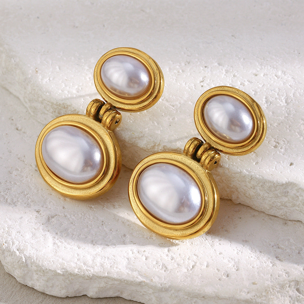 Orecchini da donna geometrici minimalisti in acciaio inossidabile con placcatura in oro 18 carati e perle simulate