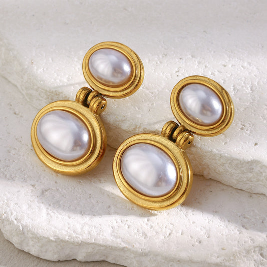 Orecchini da donna geometrici minimalisti in acciaio inossidabile con placcatura in oro 18 carati e perle simulate