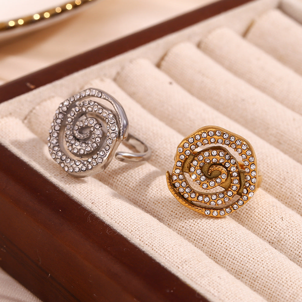 Minimalist Geometric Spiral Open Ring for Women in Stainless Steel with 18K Gold Plating and Full Rhinestone Inlay