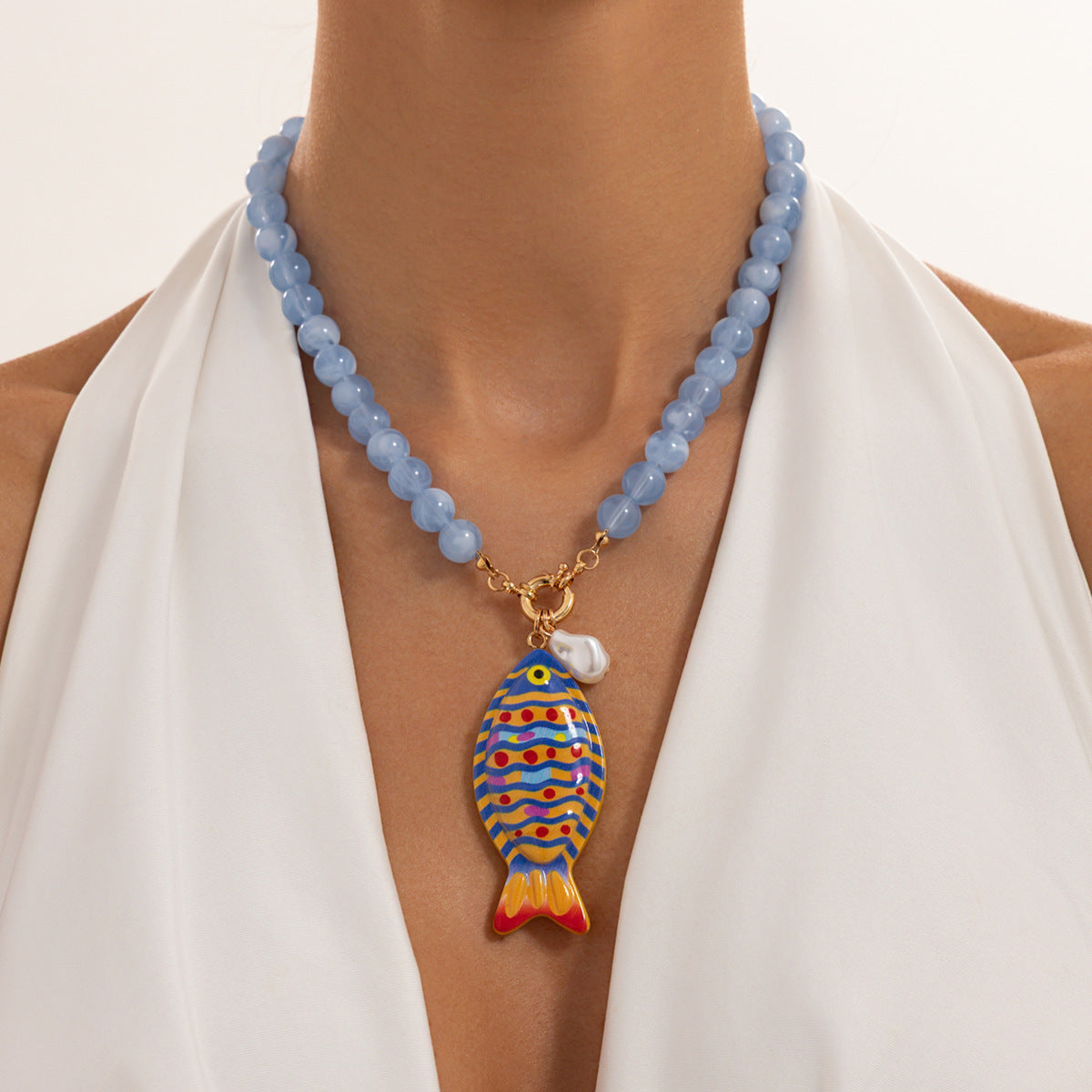 Sweet Casual Acrylic Fish Pendant Necklace Colorful Beaded Chain Women's Jewelry
