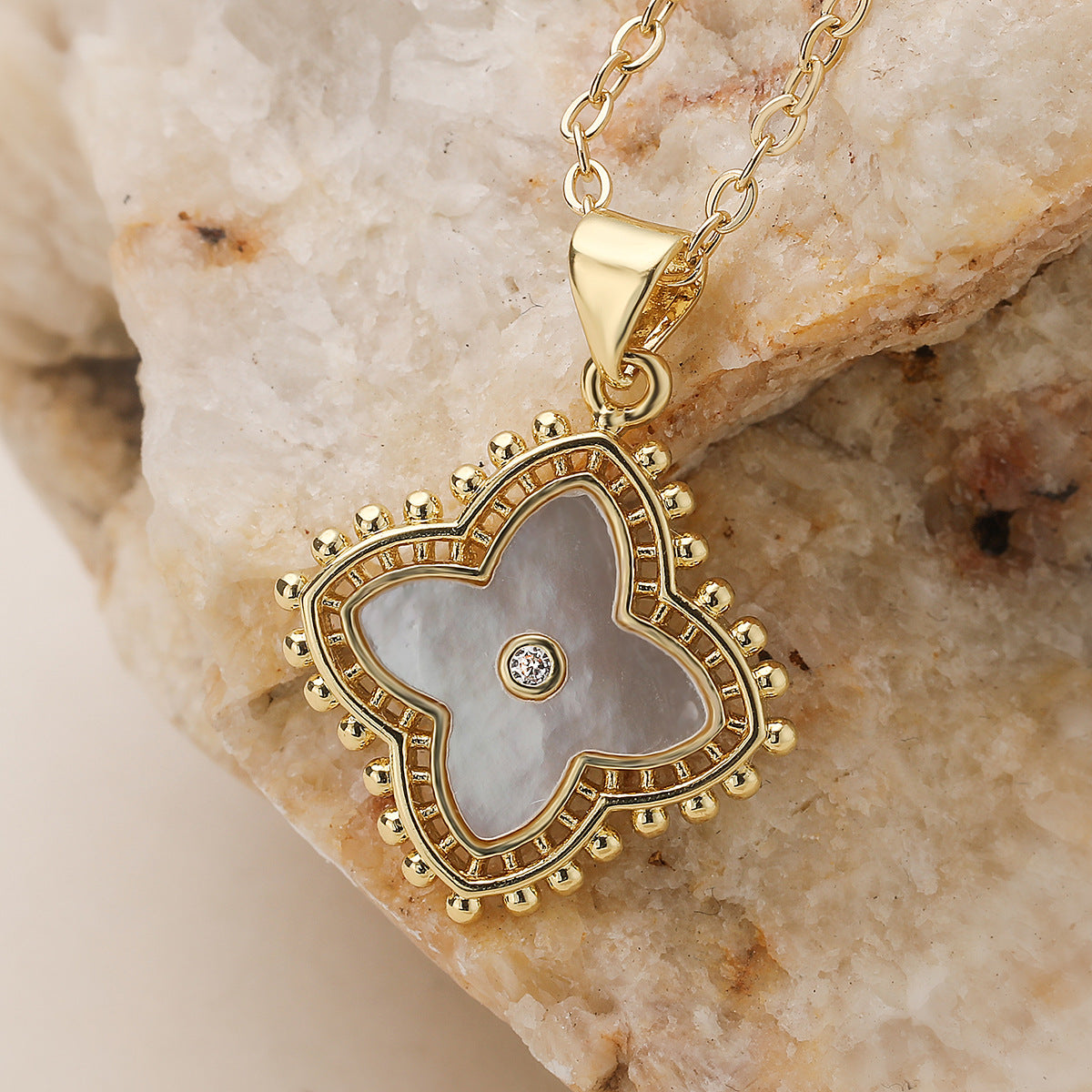 Minimalist 18K Gold Plated Brass Cubic Zirconia Floral Pendant Necklace for Women
