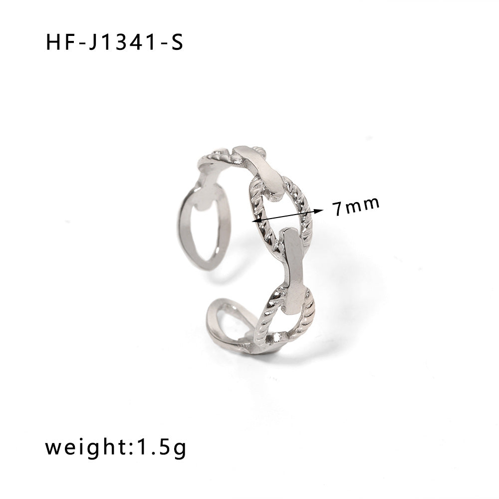 Anello da donna in acciaio inossidabile geometrico a forma di cuore, minimalista, con finitura placcata e design ispirato a una catena