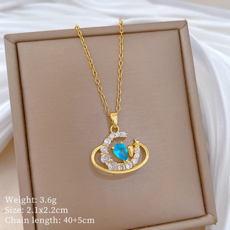 Sweet Minimalist Moon Geometric Cubic Zirconia Titanium Steel Necklace for Unisex